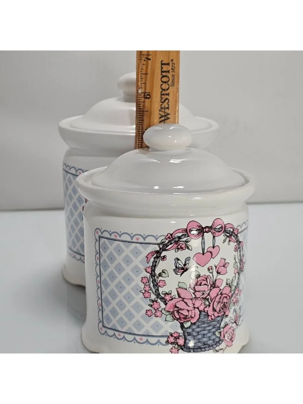 1980s Canister Set /2 Veranda Hearts Roses Basket Cottagecore vtg kitchen storag